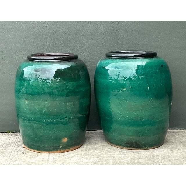 Vintage Green Glazed Earthenware Vessels - A Pair For Sale - Image 15 of 18