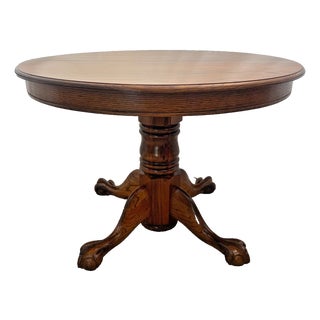 1980s Round Expansion Dining Room Kitchen Table Solid Cathedral Oak Carved Claw Feet For Sale