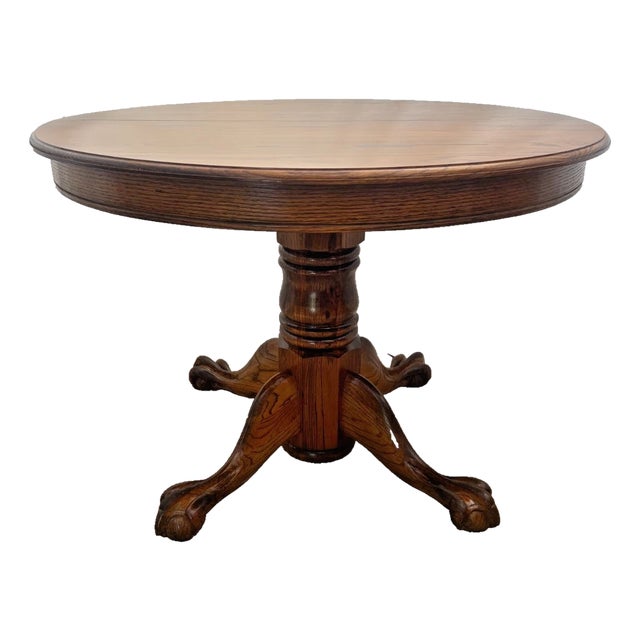 1980s Round Expansion Dining Room Kitchen Table Solid Cathedral Oak Carved Claw Feet For Sale