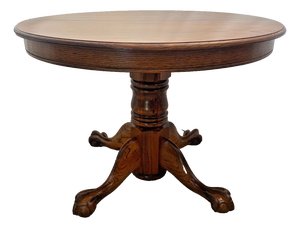1980s Round Expansion Dining Room Kitchen Table Solid Cathedral Oak Carved Claw Feet