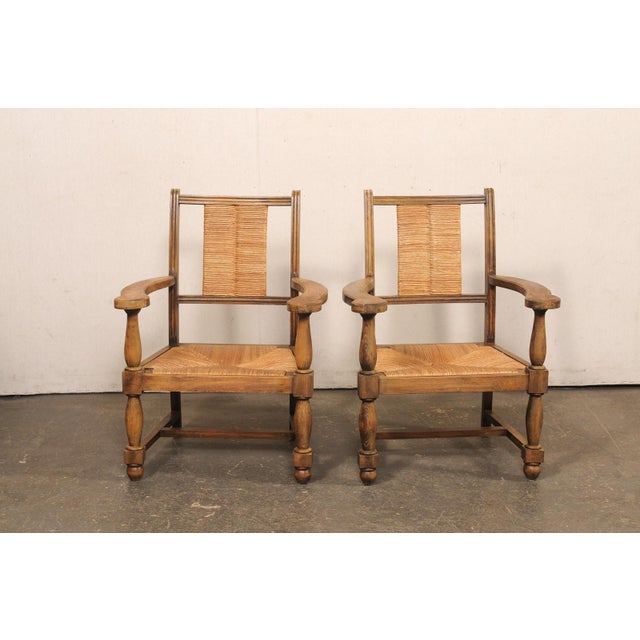 Mid 20th Century Spanish Wood Armchairs W/Rush Seat & Backs For Sale - Image 10 of 11
