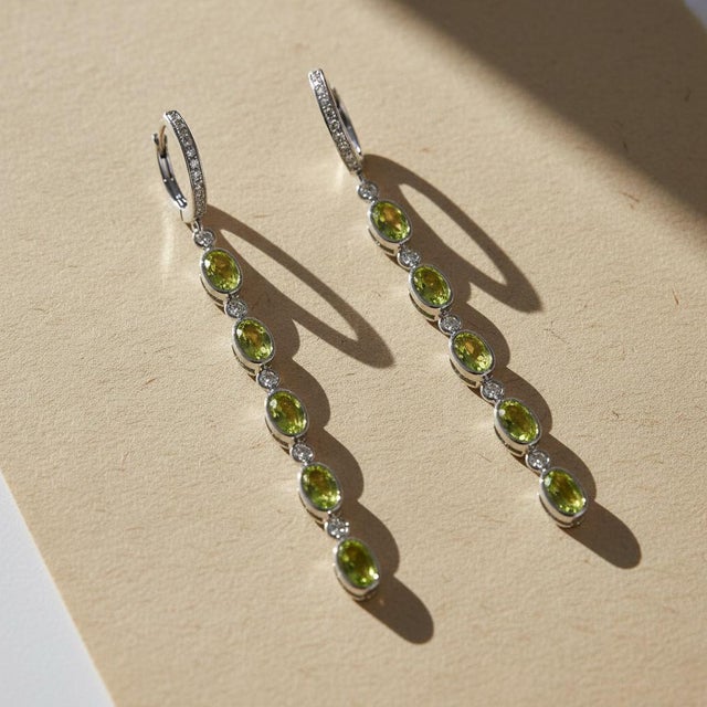 Green Peridot Huggie Drop Earrings, Silver, Gold, Pair For Sale - Image 8 of 8