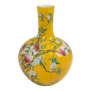 Chinese Famille Jaune Porcelain Bottle Vase With Nine Peach Motif