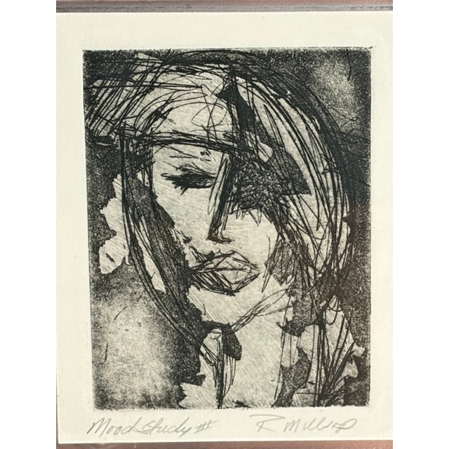 Mid-Century Modern Set of 3 Signed Mood Study Portrait Etchings – Professionally Framed For Sale - Image 3 of 9