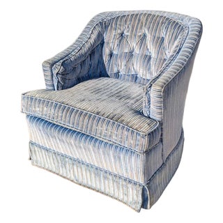 Vintage Blue Striped Velvet Swivel Lounge Chair, Late 20th Century For Sale