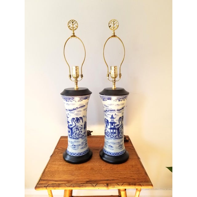 Late 20th Century Asian Brush Pot Blue and White Lamps - a Pair For Sale - Image 11 of 11
