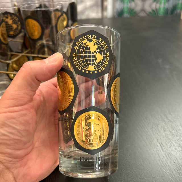 1950s 1950s Vintage Coins Around the World Highball Glasses in Original Brass Caddy 7 Pieces Total For Sale - Image 5 of 10
