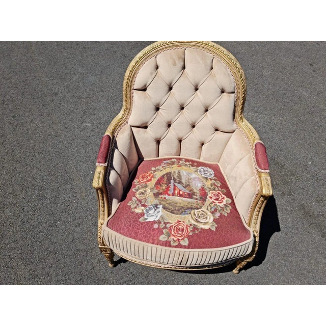 Elegant, Amazing color, very comfortable Bergere armchair. beige and red burgundy velvet seat, with gold leaf wood....