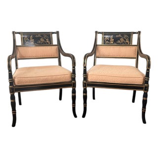 Pair of Drexel Heritage Chinoiserie Regency Armchairs in Ebonized Finish With Gilt Decoration For Sale