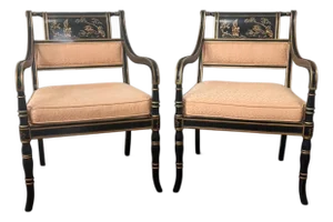 Pair of Drexel Heritage Chinoiserie Regency Armchairs in Ebonized Finish With Gilt Decoration