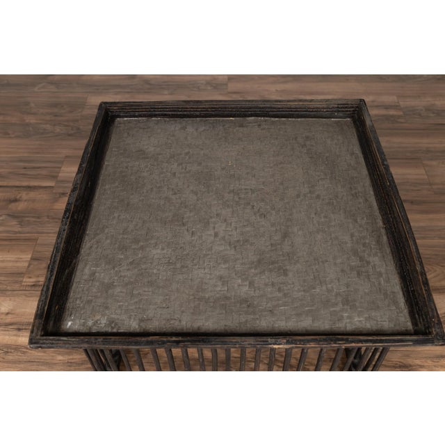 Asian Vintage Thai Square Rattan Coffee Table with Silver Leaf Top and Spindle Design For Sale - Image 3 of 10
