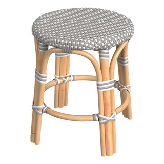 Tobias 18 in. Seat Height Round Rattan Dining Stool, Gray/White Dot / Natural Rattan Frame For Sale