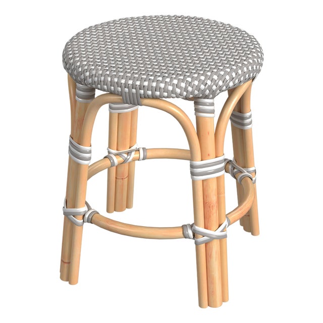 Tobias 18 in. Seat Height Round Rattan Dining Stool, Gray/White Dot / Natural Rattan Frame For Sale