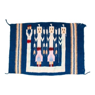Vintage Native American Navajo Yei Hand-Woven Tapestry Throw Rug Wall Folk Art in Wool, Usa, C. 1970s For Sale