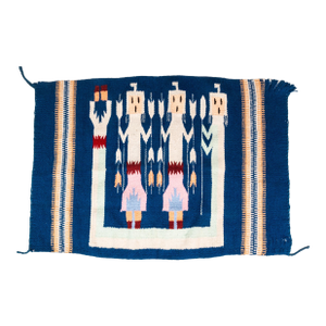 Vintage Native American Navajo Yei Hand-Woven Tapestry Throw Rug Wall Folk Art in Wool, Usa, C. 1970s
