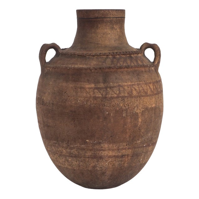 Vintage Earthenware Storage Vessel with Incised and Painted Motifs, 1950s For Sale