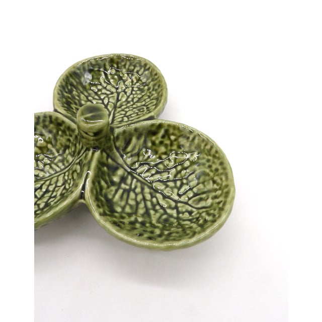 1970s Olfaire Portugal Green Cabbage Leaf 3-Section Condiment Relish Dish — Portuguese Majolica For Sale - Image 4 of 5