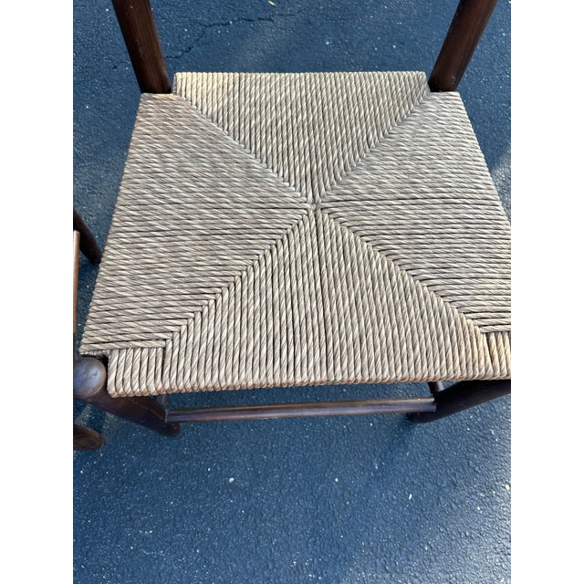 American Set of 2 Vintage Dark Wood and Rush Seat Ladder Back Chairs For Sale - Image 3 of 10
