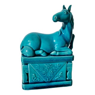 Vintage Turquoise Porcelain Horse on High Base For Sale