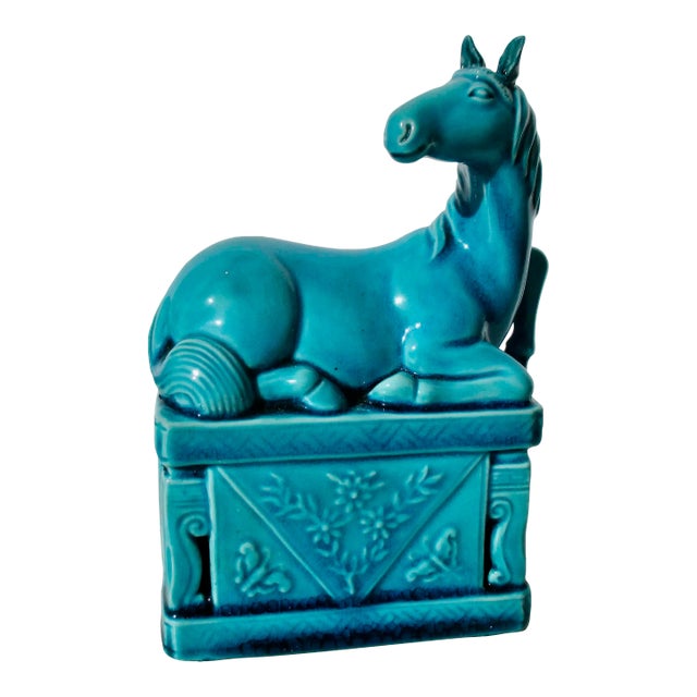 Vintage Turquoise Porcelain Horse on High Base For Sale