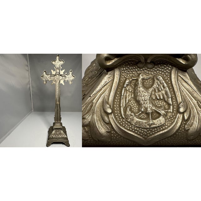 Metal Antique French Altar Crucifix: Jesus Christ, Holy Trinity, Gospels c. 1900 For Sale - Image 7 of 10