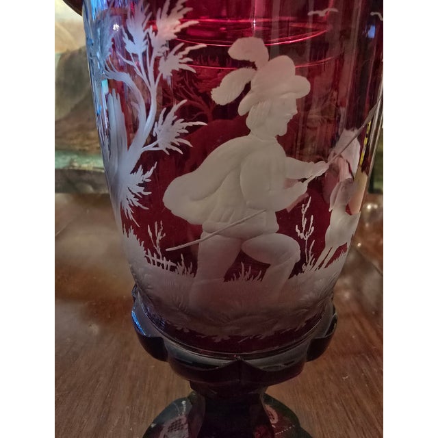 Art Nouveau Antique Moser Bohemian Glass Ruby Hunter Pokal Goblet For Sale - Image 3 of 13