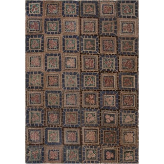 Doris Leslie Blau Vintage American Hooked Geometric Warm Tan Rug Patchwork For Sale