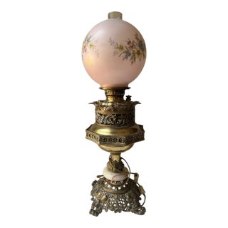 Early 20th Century Electrified Oil Lamp With Floral Shade and Onyx Cast Metal Base For Sale