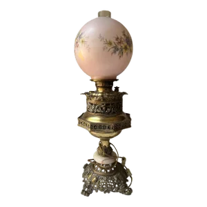 Early 20th Century Electrified Oil Lamp With Floral Shade and Onyx Cast Metal Base