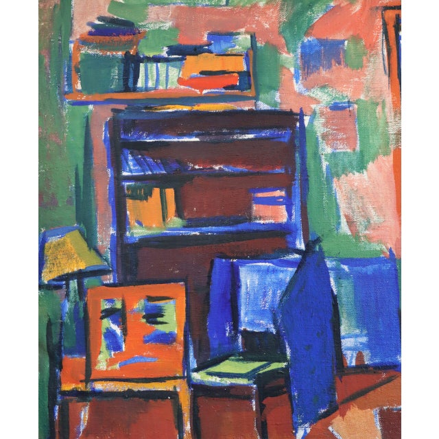 Mid-Century Modern 'Vibrant Interior' Vintage Original Expressive Interior Oil Painting, Framed For Sale - Image 11 of 12