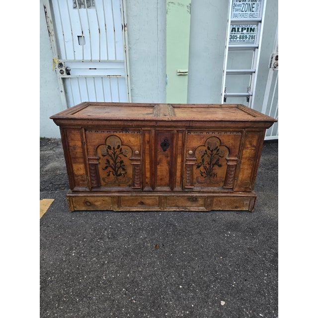 18th Century Austrian / German stenciled Sockeltruhe Wedding Chest with stenciled designs and lift top and two door s for...