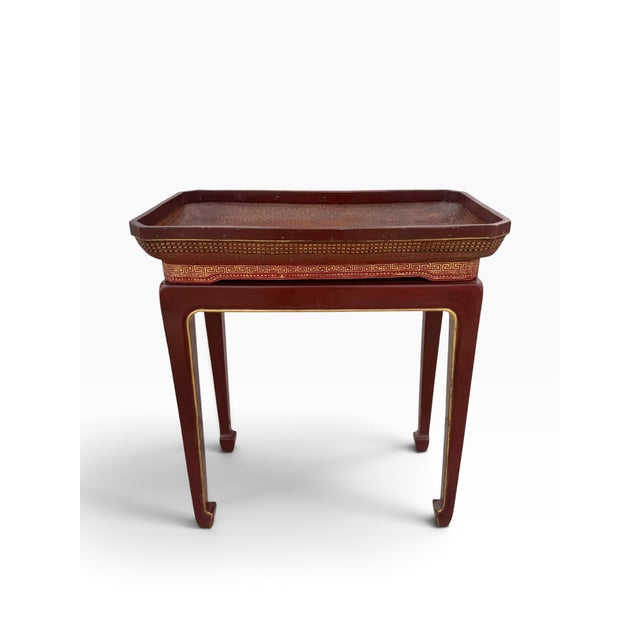 Late 20th Century Vintage Chinese Red Lacquer & Woven Rattan Removable Tray Table With Calligraphy For Sale - Image 5 of 14
