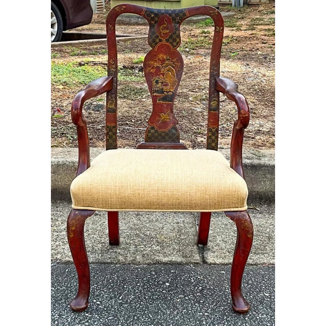 Chinoiserie 19th-C. English Red Chinoiserie Child‚Äôs Bergere Chair in Linen For Sale - Image 3 of 10