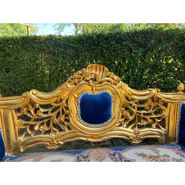 Late 20th-Century French Louis XVI Gilded Beech Settee in Blue Damask & Velvet (1 Piece) Elevate your interior décor with...