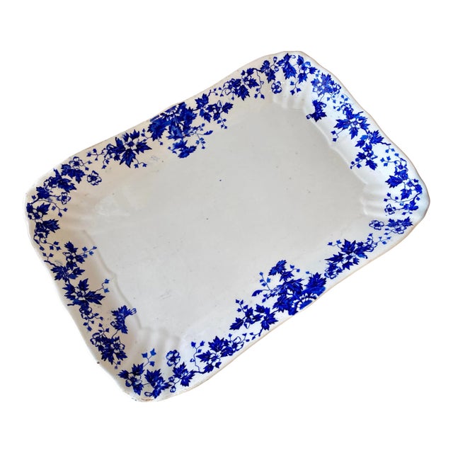 English Botanical Blue & White Large Platter For Sale