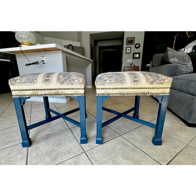 Textile Pair Painted Chinese Chippendale Style Benches Chinoiserie Tapestry Upholstery For Sale - Image 7 of 18