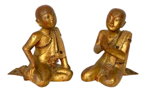 Thai Giltwood Hand Carved Pair of Mandalay Praying and Listening Monks