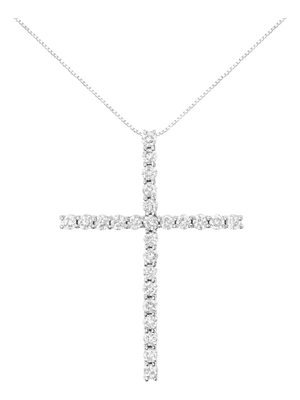 .925 Sterling Silver 3.0 Cttw Round Shape Diamond 1-1/2" Cross Pendant with Box Chain Necklace (I-J Color, I2-I3 Clarity) - 18"