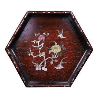 Late 20th Century Hexagonal Wood Tray With Mother-of-Pearl Bird and Floral Inlay For Sale