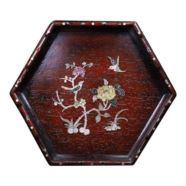 Late 20th Century Hexagonal Wood Tray With Mother-of-Pearl Bird and Floral Inlay For Sale