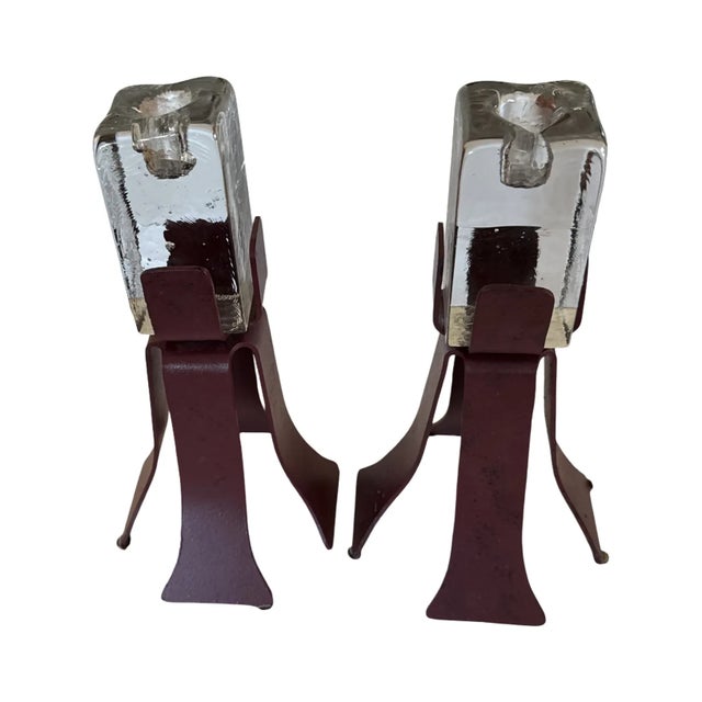 Postmodern 1980s Scandinavian Brutalist–Postmodern Iron & Ice Glass Candle Holders For Sale - Image 3 of 7