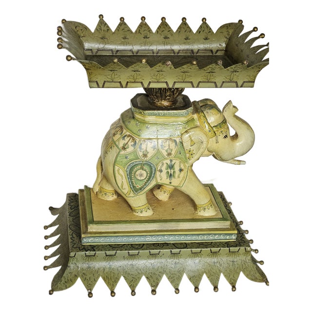 Chic and Stylish Painted Tole Elephant Side Table With Hand Painted Paisley Decoration For Sale