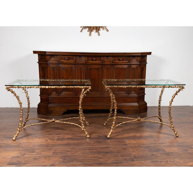 Pair of Midcentury Gilt Bronze Glass Tops Console Tables with Faux Bois Motifs For Sale In Atlanta - Image 6 of 12