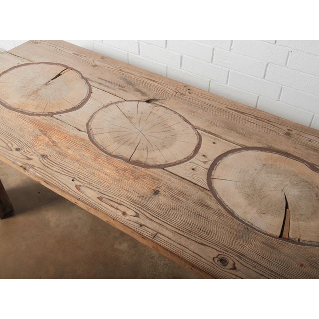 Brown Mid 20th Century Rustic Farmhouse Dining Table With Natural Wood Slice Inlays and Painted Base For Sale - Image 8 of 11