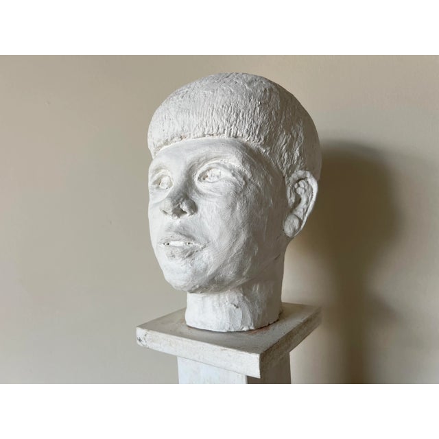 Mid-Century Modern Vintage White Painted Terracotta Boy Bust Sculpture on Wood Stand For Sale - Image 3 of 13