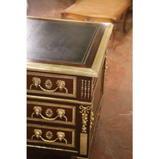 19th Century French Louis XVI Mahogany, Bronze & Leather-Top Partner Desk For Sale - Image 13 of 15