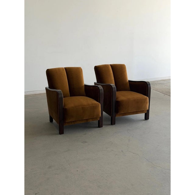 1940s Art Deco Twin Channel Club Chairs in Rust Velvet For Sale - Image 4 of 12