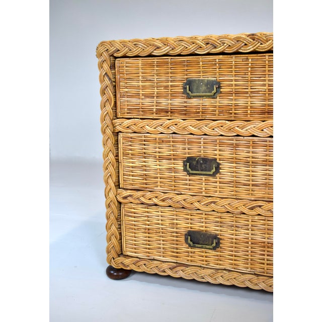 1950s Vintage Coastal Braided Woven Rattan Chest of Drawers With Walnut Bun Feet For Sale In Philadelphia - Image 6 of 12