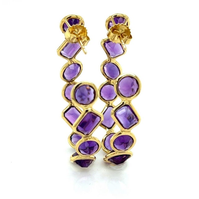 Mid 20th Century Mid 20th Century Pair of Amethyst Oval Bezel Set 18k Yellow Gold Inside Out Hoop Earrings For Sale - Image 5 of 9
