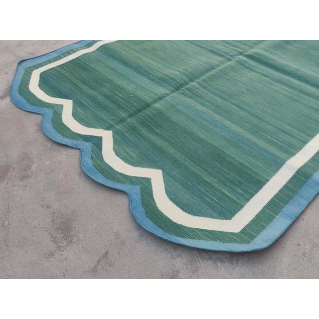 Handmade Cotton Scalloped Rug, Forest Green With Cream and Teal Blue Border - 4'x6' For Sale - Image 9 of 11